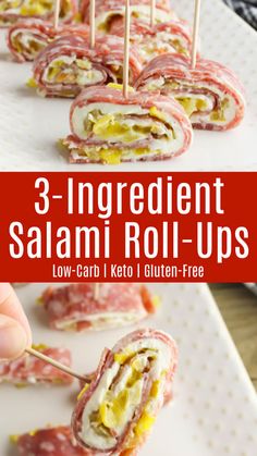 three ingredient salami roll - ups on a plate with toothpicks in them