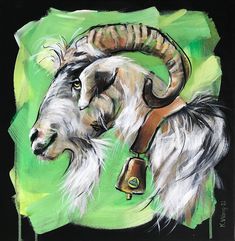 a painting of a goat with horns and bells on it's head, against a green background