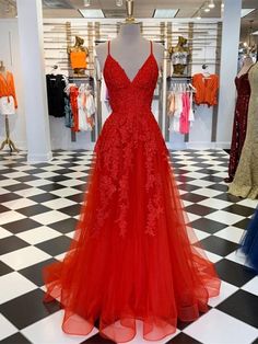 A Line V Neck Red Lace Long Prom Dresses, V Neck Red Formal Dresses, Red Lace Evening Dresses Red Formal Dresses, Red Prom Dress Long, Red Lace Prom Dress, Long Prom Gowns, Lace Formal Dress, Prom Dresses Sleeveless, Red Evening Dress, Red Prom, فستان سهرة