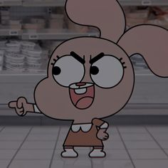 a cartoon character with an angry look on his face and eyes, standing in front of a store shelf