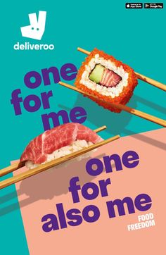 one for me poster with sushi and chopsticks on the side, against a blue background