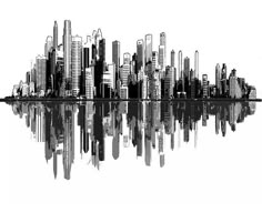 a black and white photo of a city skyline with skyscrapers reflected in the water