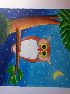 a drawing of an owl sitting on a tree branch with the moon in the background