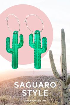 Laser cut cactus earrings in green mirrored acrylic. These colourful earrings make a perfect gift for cactus lovers. They hang from sterling silver hoops and are light and easy to wear - and a great way to add some southwestern style to your casual summer outifts. Sunset Earrings, Cactus Sunset, Colourful Earrings, Mirrored Acrylic, Cactus Earrings, Green Mirrors, Colorful Earrings