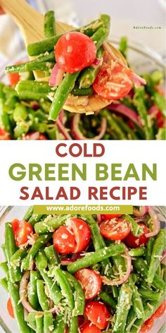 green bean salad with tomatoes and onions in a glass bowl