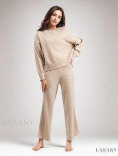 Lasaky - Chic and Leisure Knitted Pants Set with Oversized Sweater and Wide Leg Trousers Beige Knit Pants For Fall, Fall Knit Beige Pants, Cozy Beige Knit Pants, Cozy Beige Pants For Fall, Winter Wide Leg Pants For Loungewear, Winter Wide Leg Lounge Trousers, Wide-leg Knit Pants For Fall, Knit Wide-leg Fall Pants, Fall Wide-leg Knit Pants