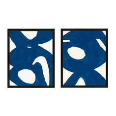 two paintings with blue and white paint on them