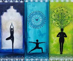 four different colored paintings with people doing yoga poses in front of the sun and moon