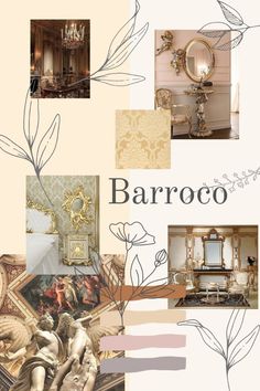 a collage of photos with the word baroco written in white and gold on it