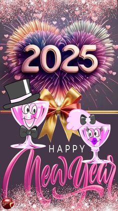 happy new year card with fireworks and two cats in top hats, on purple background