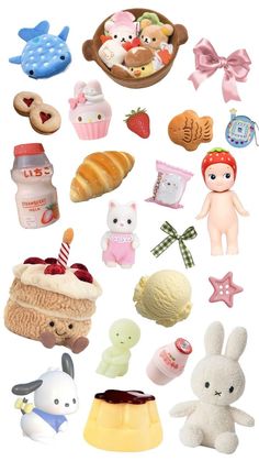 a bunch of toys that are in the shape of animals and cakes on a white background