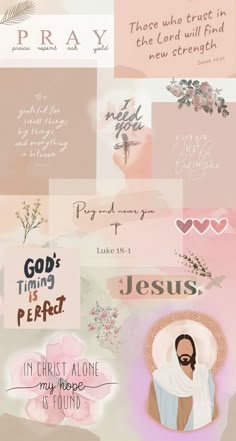 a collage of images with the words jesus and flowers in pink, blue, green,