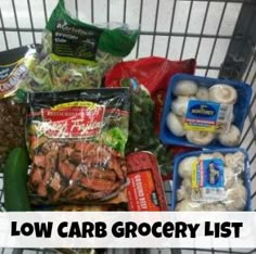 a shopping cart filled with lots of different types of vegetables and meat in plastic bags