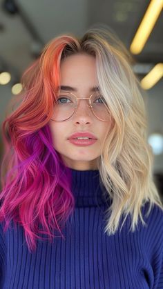 30 Jaw-Dropping Hair Color Ideas for the Fashion-Forward Blonde And Vibrant Hair, Asymmetrical Hair Color, Fun Dyed Hair Ideas, Underlayer Hair Color Blondes, Subtle Fun Hair Color, Non Traditional Hair Color Ideas, Fun Colorful Hair, Uncommon Hair Colors, Hair Dye Ideas Blonde Color Trends