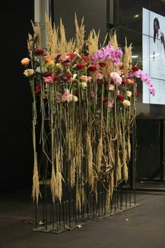 a bunch of flowers that are sitting in front of a screen