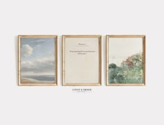 three framed paintings on the wall, one with an image of trees and clouds in it