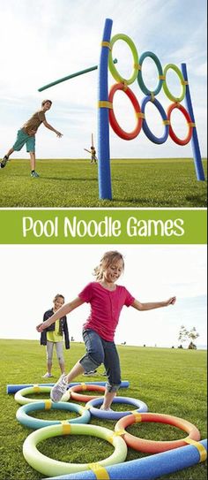 kids playing with an inflatable pool noodle game on the grass and another kid jumping over it