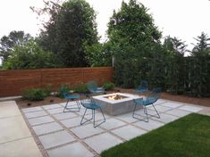 an outdoor fire pit surrounded by blue chairs