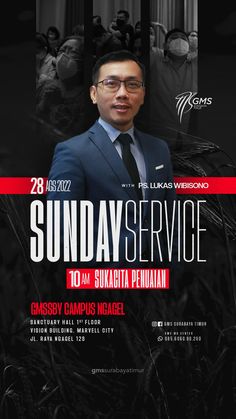 the poster for sunday service with an image of a man in a suit and tie