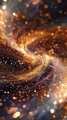 an abstract image of gold dust and stars in the night sky with light streaks on it