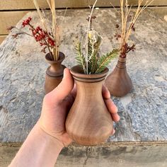 a hand holding a vase with plants in it on top of a wooden table next to two other pots