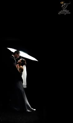 a bride and groom standing in the dark