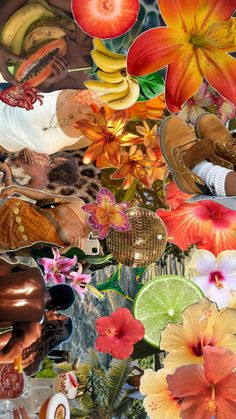 a collage of flowers, fruit and people