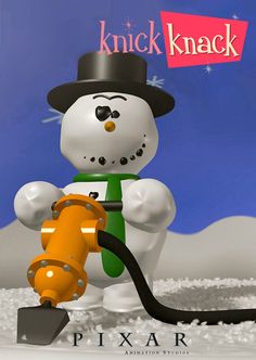 a snowman is holding a pipe and wearing a top hat with the words knick knack on it