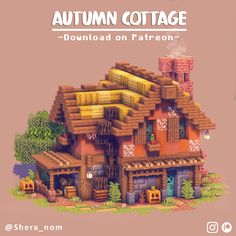 an image of a house made out of wood and bricks with the words autumn cottage on it