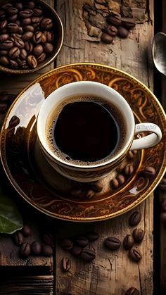 a cup of coffee sitting on top of a saucer next to beans and spoons