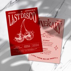 two flyers for the last disco and winery party on marbled surface with shadows from them