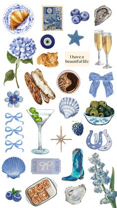 watercolor painting of blue and white items with words that say i have a beautiful life