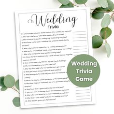 a wedding trivia game with greenery on the side and text reading'wedding trivia game '