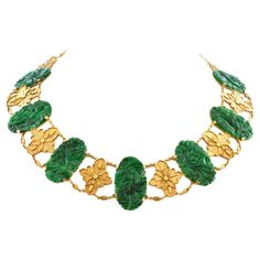 Circa 1880s-1890s, 14k. This magnificent antique necklace features sumptuous gold-work set with beautiful antique Chinese carved jade. The look is vintage chic at its Victorian best. Handmade and one-of-a-kind, this would have been a very fashionable necklace 150 years ago. Today it is an antique find that adds character, soul, and romance to contemporary looks. Meticulously made, it is in excellent condition. Remark: "To wear history is a marvelous feeling. To find relevant beauty from a centur Luxury Antique Gold Ceremonial Necklaces, Carved Jade, Moda Chic, Chic Earrings, Cameo Necklace, Gold Work, Antique Necklace, Jade Carving, Victorian Jewelry