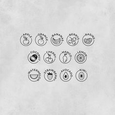 the different kinds of fruits and vegetables are drawn in black ink on a white paper