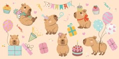 the bears are celebrating their first birthday with balloons and gifts in front of them,