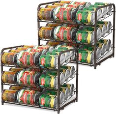 two metal racks holding cans of coffee