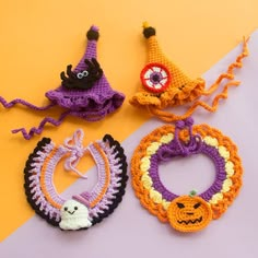 crocheted halloween decorations are displayed on a yellow and purple background with an orange border