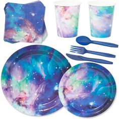 a set of space themed party supplies including plastic plates, cups and utensils