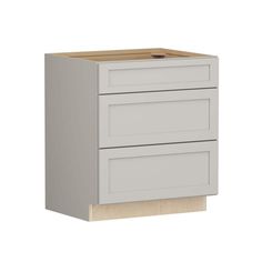 a white cabinet with two drawers on the bottom and one drawer in the middle, against a