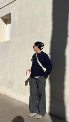 Rectrek Pants Outfit, Simple Outfits Autumn, Grey Trousers Outfit Casual, Uniqlo Inspired Outfits, Navy Birkenstocks Outfit, Uniqlo Sweater Outfit, Uniqlo Airism Oversized Tee Outfit, Fall Minimal Outfits, Uniqlo Aesthetic Outfit