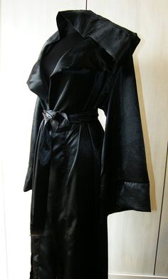 Satin Black Robe, Long Hooded Robe, Ritual Robe, Black Witch Robe Formal Fitted Long Sleeve Robe, Fitted Long Sleeve Evening Robe, Black Long Party Robe, Fitted Black Robe With Long Sleeves, Black Fitted Elegant Robe, Black Long Sleeve Robe For Fall, Fitted Black Party Robe, Fitted Formal Robe For Fall, Elegant Fitted Black Robe