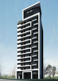 an artist's rendering of the exterior of a tall building with balconies