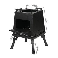 a black stove with the measurements for it's legs and feet on a white background