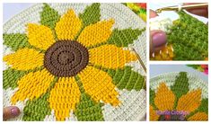 the crocheted flower is being worked on