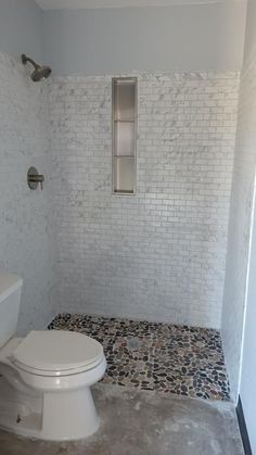 a white toilet sitting next to a walk in shower