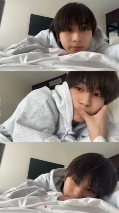 three pictures of a young man in bed with his hands on his chin and looking at the camera