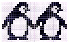 a cross stitch pattern with two black and white penguins in the middle, one is facing each other