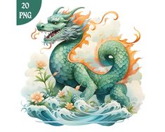 a green dragon sitting on top of a wave next to flowers and water with the words, 20 png