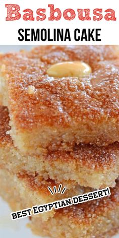 two desserts stacked on top of each other with the words babousa semolna cake below